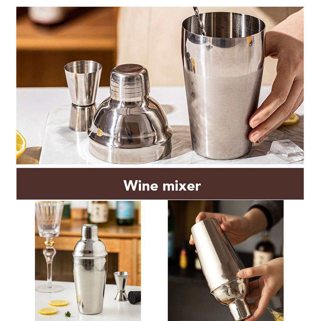 Cocktail shaker set in stainless steel with mixing tools on a natural wooden bamboo stand — view 5