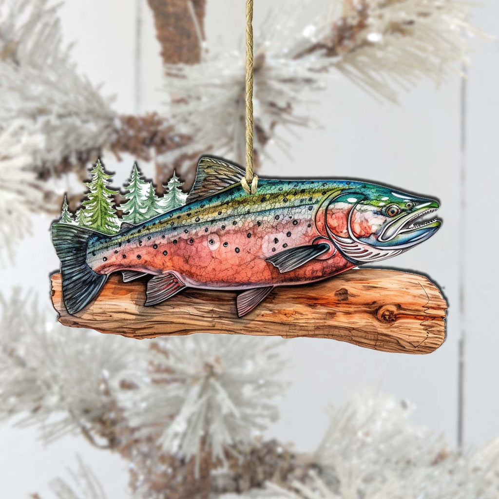 Sockeye salmon wooden ornament crafted from birch plywood with detailed wildlife artwork for holiday trees — view 3