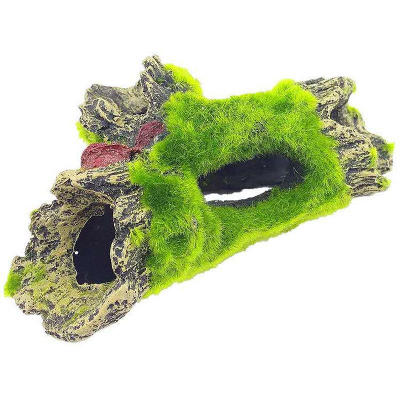 Resin sink wood aquarium decoration with tree hole design and green flocking details for fish tanks — view 3