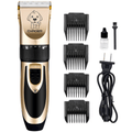 Professional pet grooming kit with hair trimmer, electric nail clippers, guide combs, and cleaning accessories
