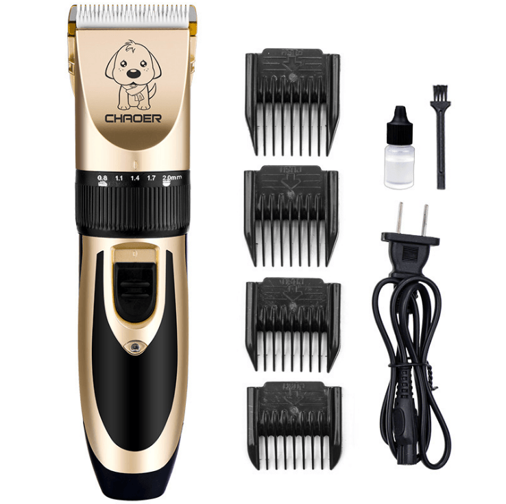 Professional pet grooming kit with hair trimmer, electric nail clippers, guide combs, and cleaning accessories