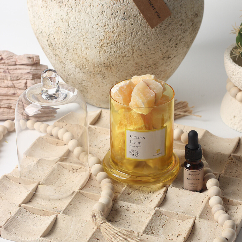 Golden hour gemstone diffuser with elegant decorative stones and luxury magnolia fragrance oil bottle — view 4