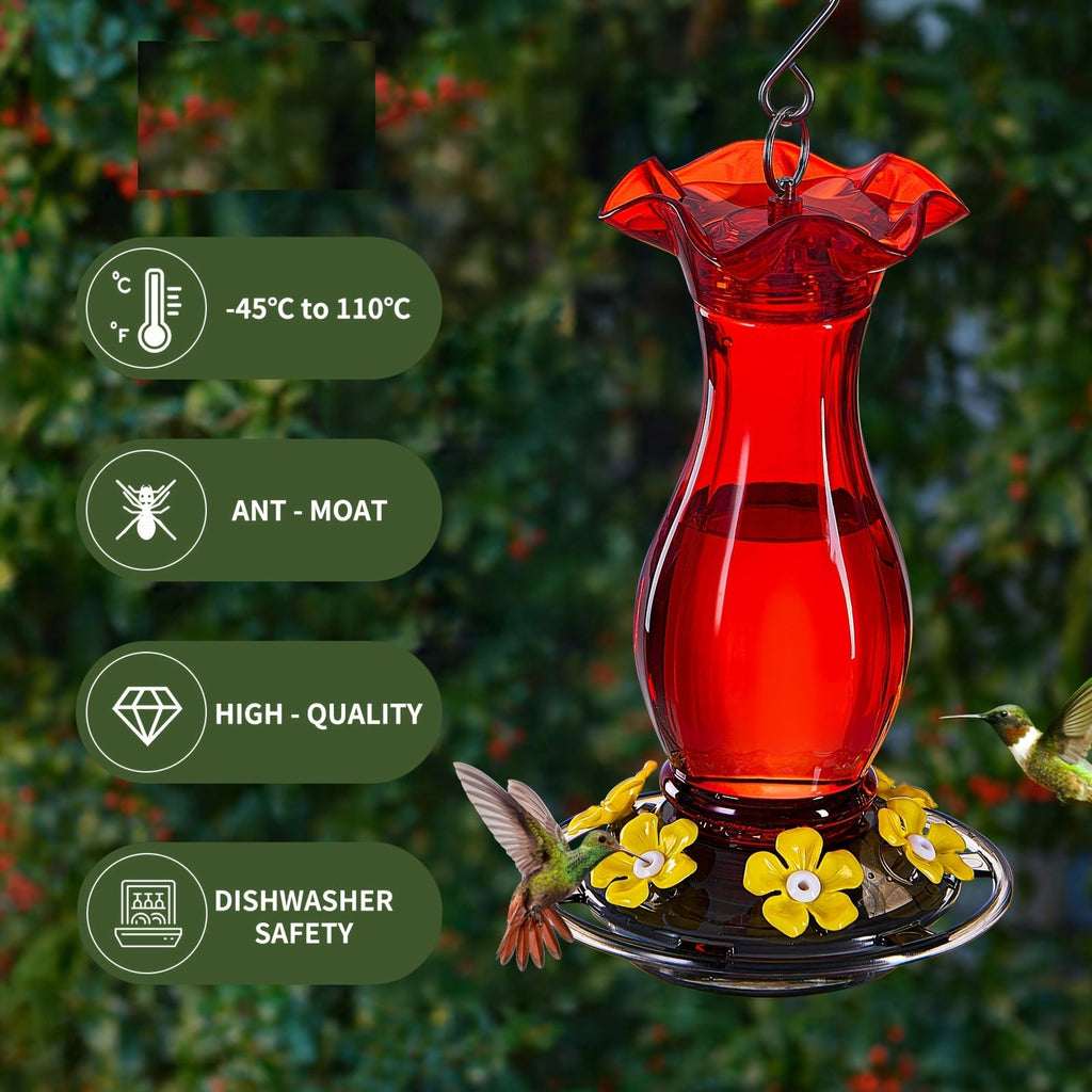 Red ant-moat hummingbird feeder with six feeding ports and leak-resistant plastic design — view 2