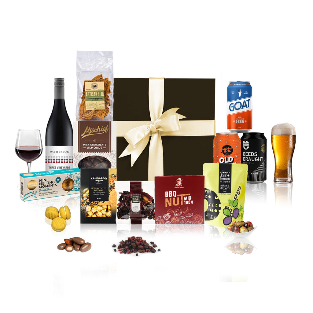Beer and wine date night hamper featuring premium wine, craft beer, and assorted gourmet snacks. — view 2