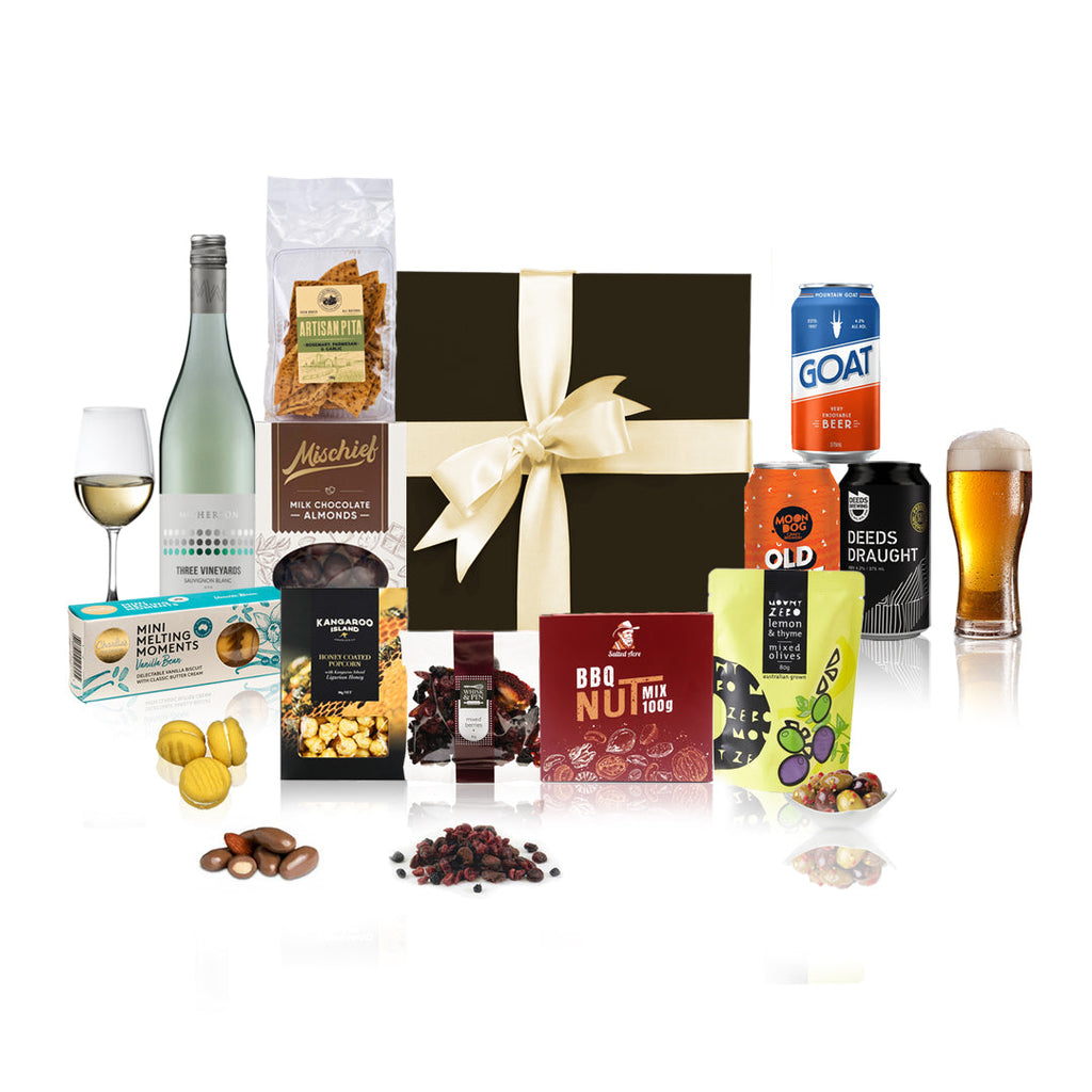 Beer and wine date night hamper featuring premium wine, craft beer, and assorted gourmet snacks.