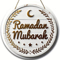 Ramadan Mubarak wall decor wooden crescent moon and stars ornament in rustic white and gold