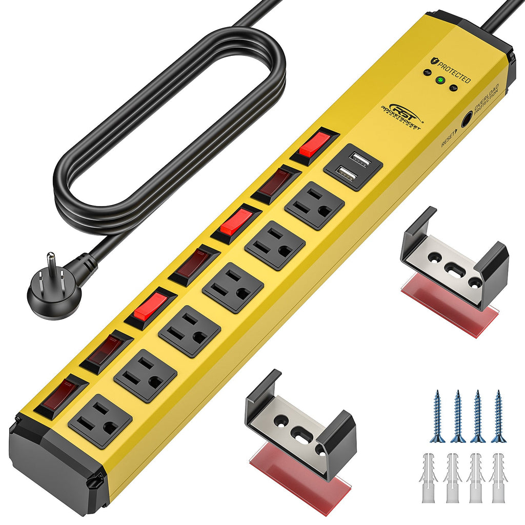 Metal surge protector power strip with six outlets, two USB ports, and individual control switches.