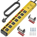 Metal surge protector power strip with six outlets, two USB ports, and individual control switches.