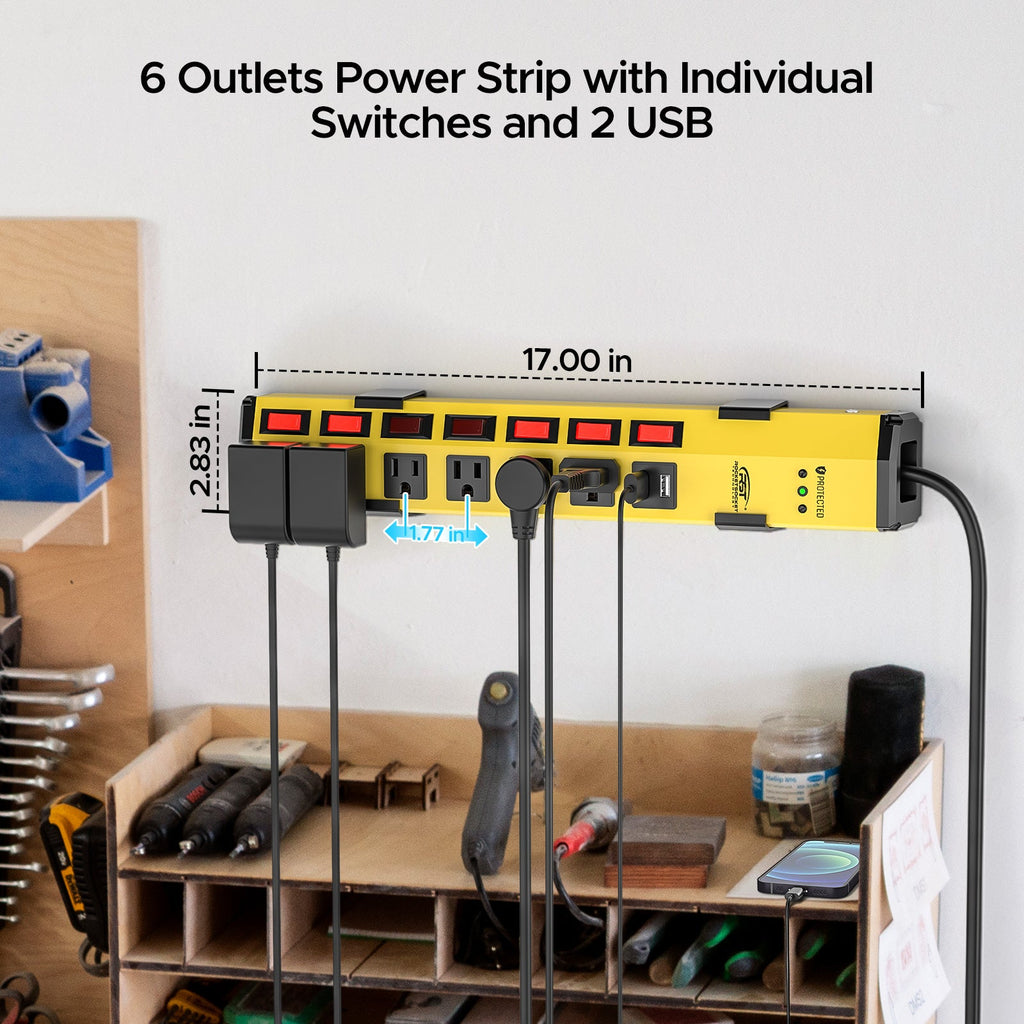 Metal surge protector power strip with six outlets, two USB ports, and individual control switches. — view 2