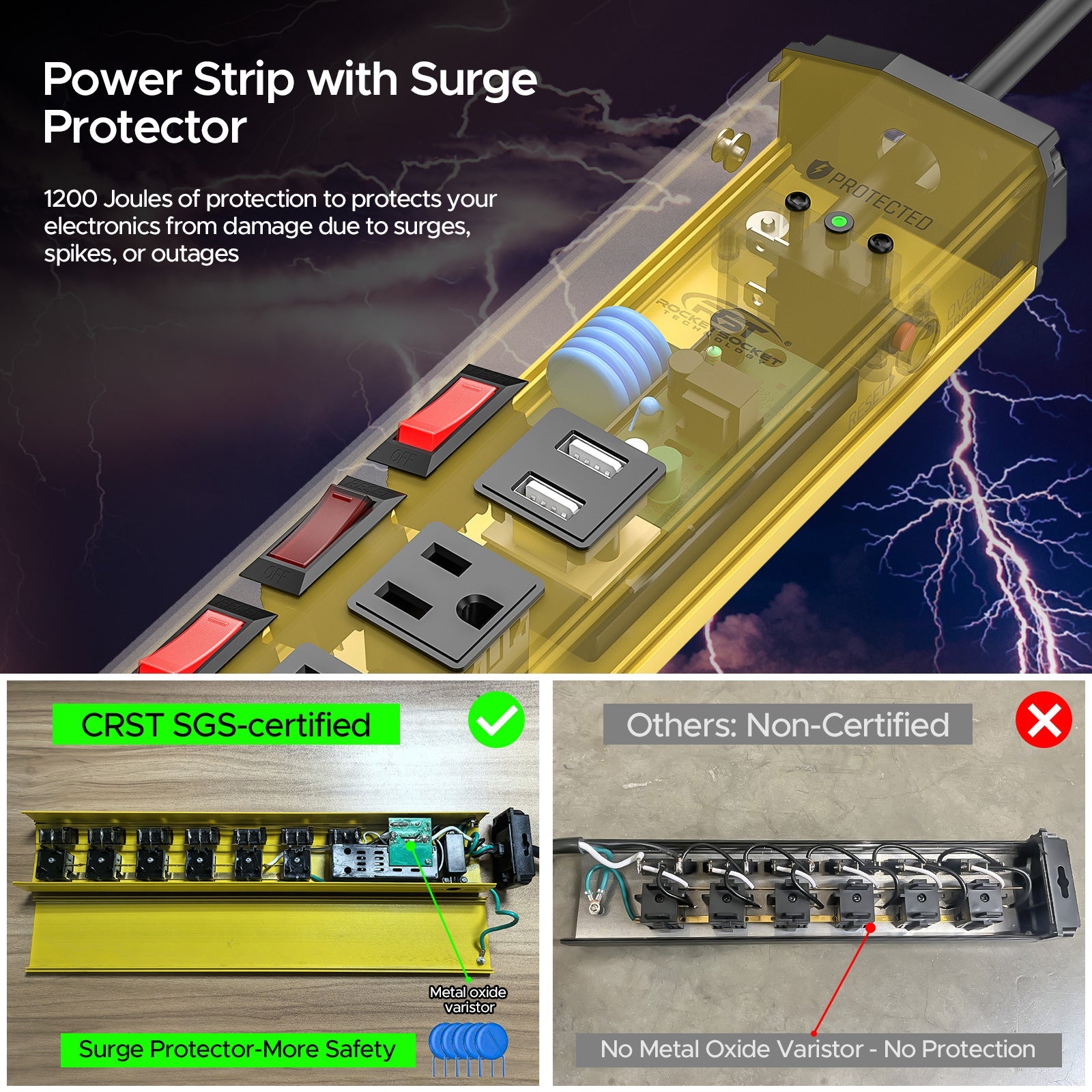 Metal surge protector power strip with six outlets, two USB ports, and individual control switches. — view 5