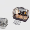 Luxury hamster cage with transparent base, metal wire top, running wheel, and cozy hanging house