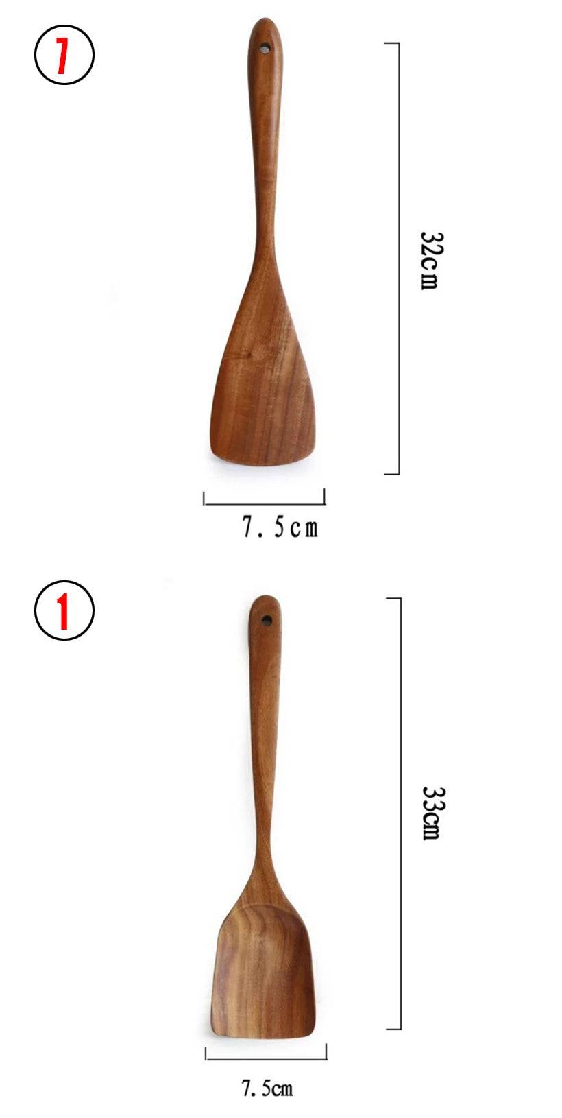 Natural teak wood kitchen utensil set including spoon, ladle, and turner with smooth wood grain — view 5