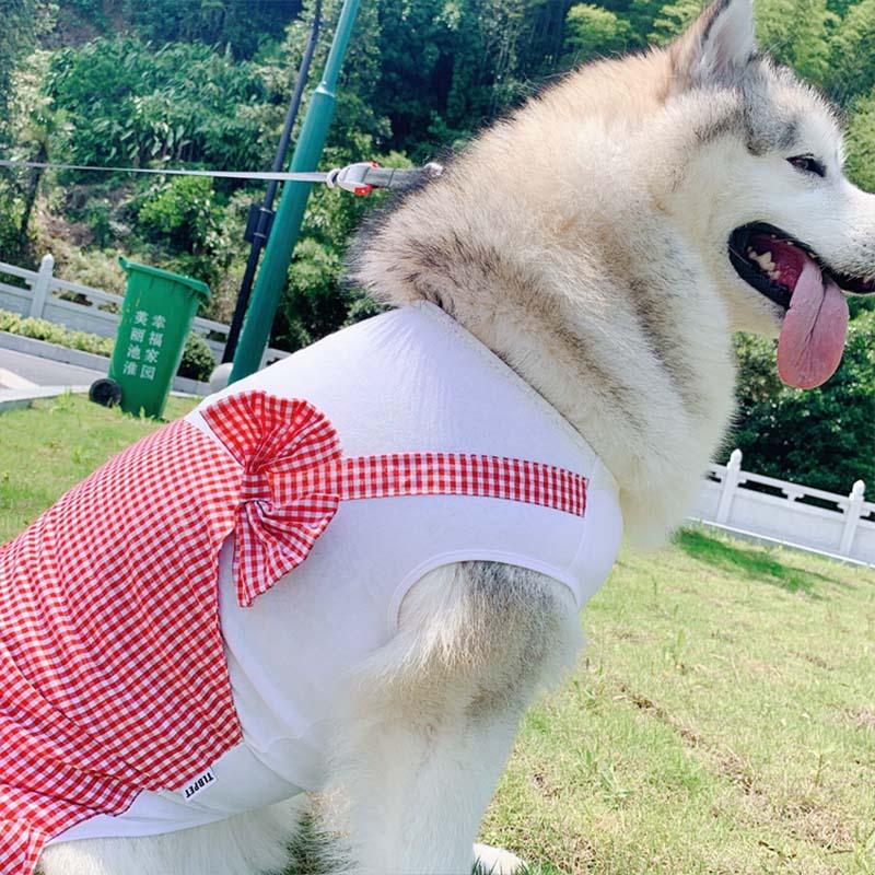 Plaid princess dog costume skirt in red and yellow cotton for large breeds — view 4