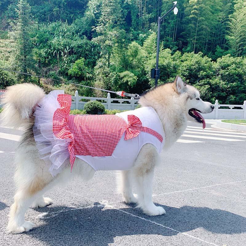 Plaid princess dog costume skirt in red and yellow cotton for large breeds