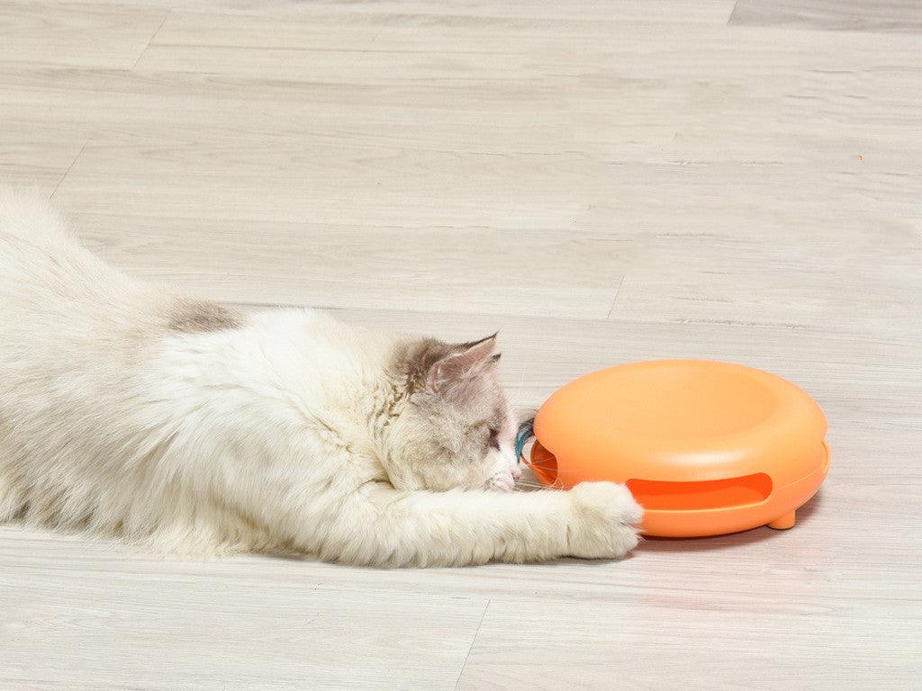 White and orange plastic interactive cat toy entertainment center with dangling playful feathers — view 3