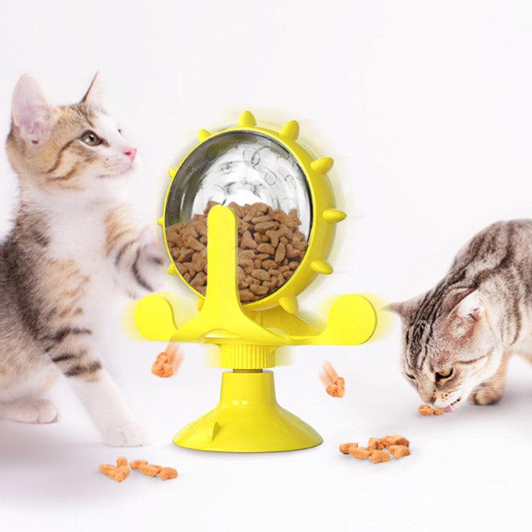 Interactive spinning windmill cat toy with suction cup base and treat dispensing chambers in plastic — view 2