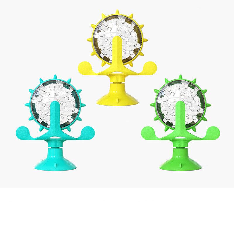Interactive spinning windmill cat toy with suction cup base and treat dispensing chambers in plastic — view 3