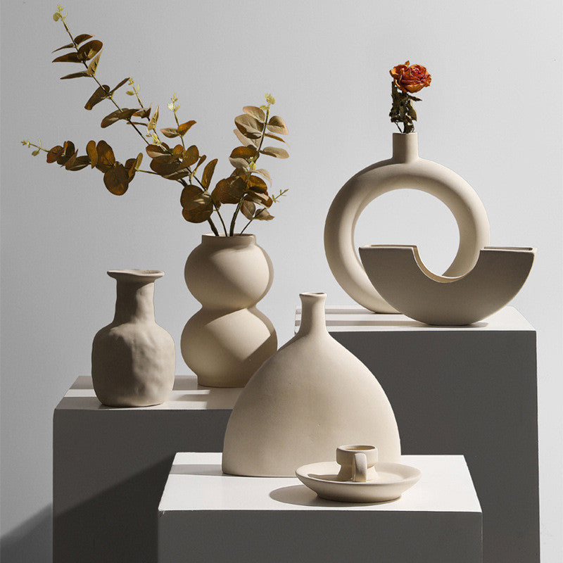 Modern minimalist taupe ceramic vase and candle holder decor pieces for dried floral arrangements. — view 2