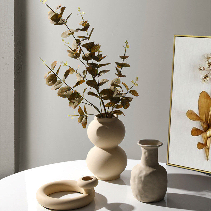 Modern minimalist taupe ceramic vase and candle holder decor pieces for dried floral arrangements. — view 4