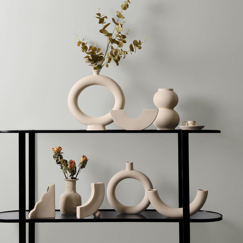 Modern minimalist taupe ceramic vase and candle holder decor pieces for dried floral arrangements. — view 5