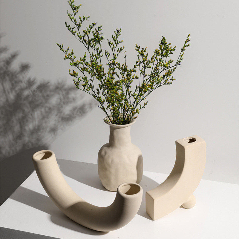 Modern minimalist taupe ceramic vase and candle holder decor pieces for dried floral arrangements. — view 3