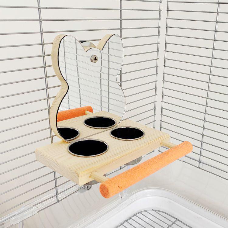 Interactive parrot puzzle toy with stainless steel claw stand, mirror, and food cup — view 4