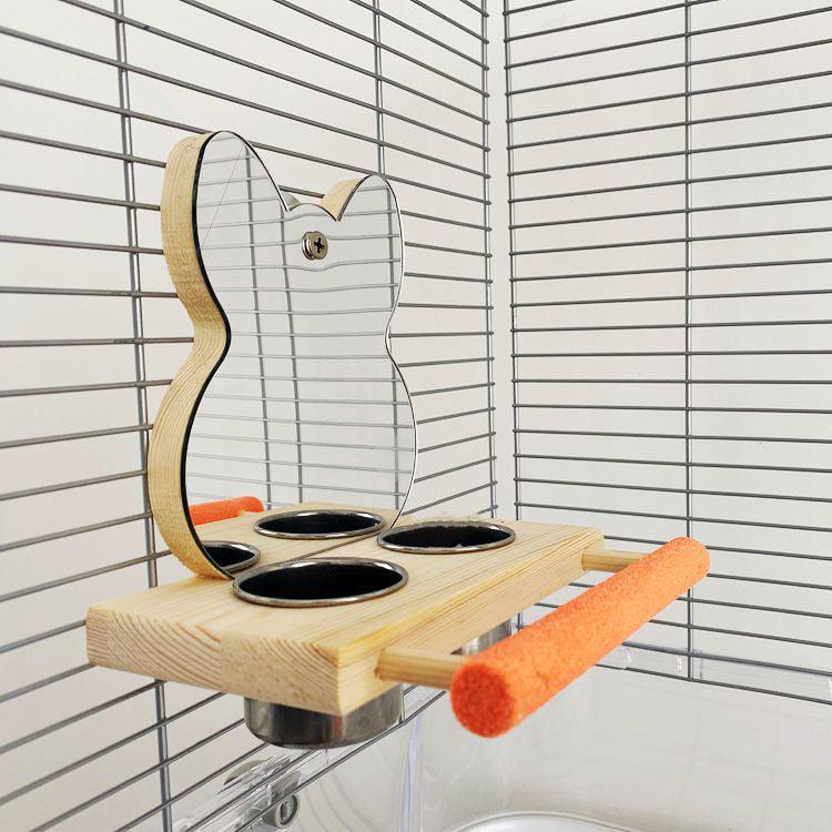 Interactive parrot puzzle toy with stainless steel claw stand, mirror, and food cup — view 3