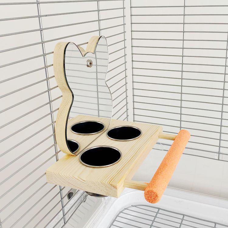 Interactive parrot puzzle toy with stainless steel claw stand, mirror, and food cup