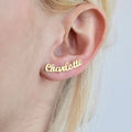 Personalized English letter custom name earrings in shiny rose gold finish for women