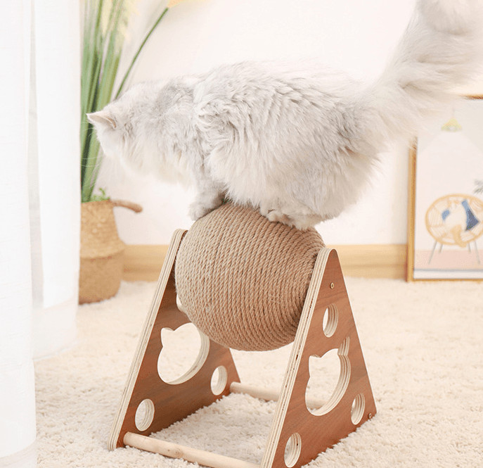 Wooden cat scratcher toy with natural sisal rope spinning ball on a solid wood frame — view 5