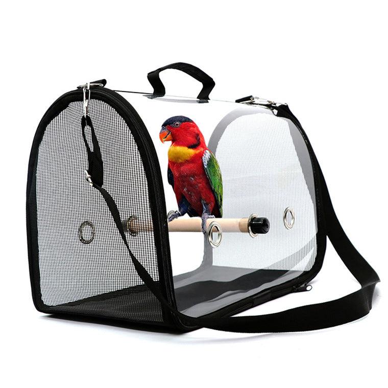 Transparent mesh bird cage and travel carrier in red and black with breathable side panels — view 2
