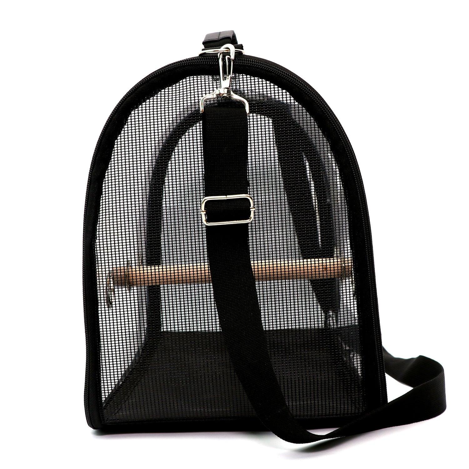 Transparent mesh bird cage and travel carrier in red and black with breathable side panels — view 4