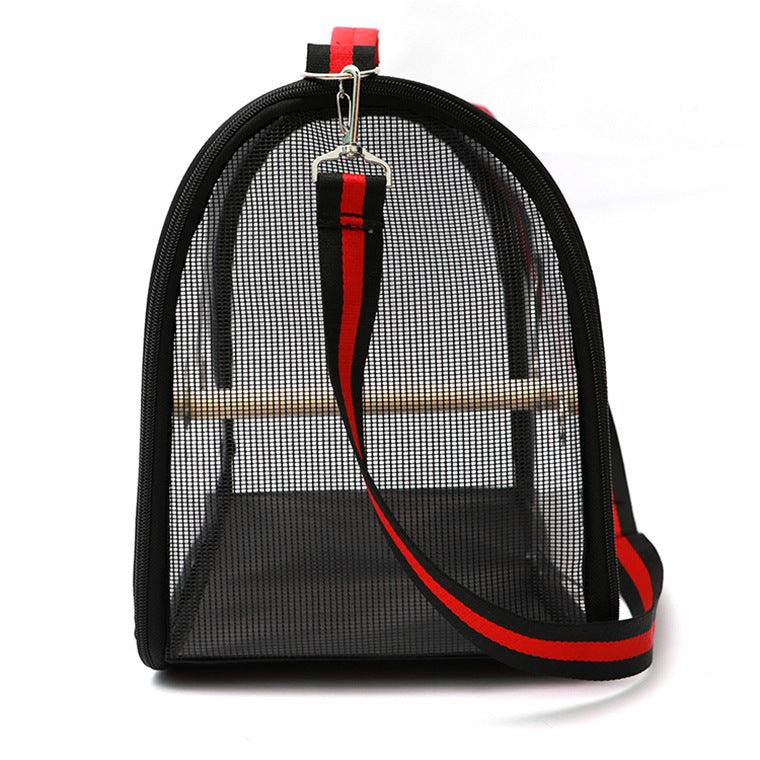 Transparent mesh bird cage and travel carrier in red and black with breathable side panels — view 5
