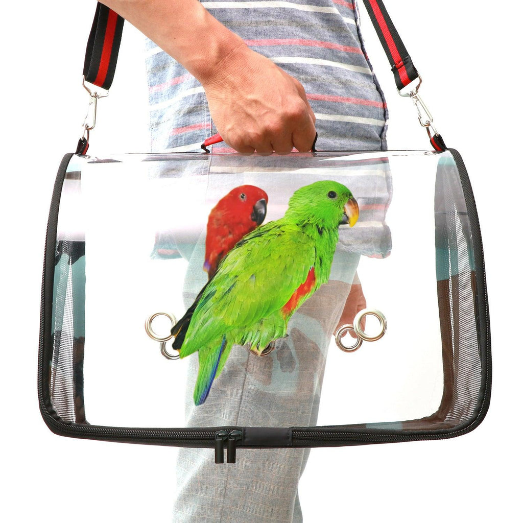 Transparent mesh bird cage and travel carrier in red and black with breathable side panels
