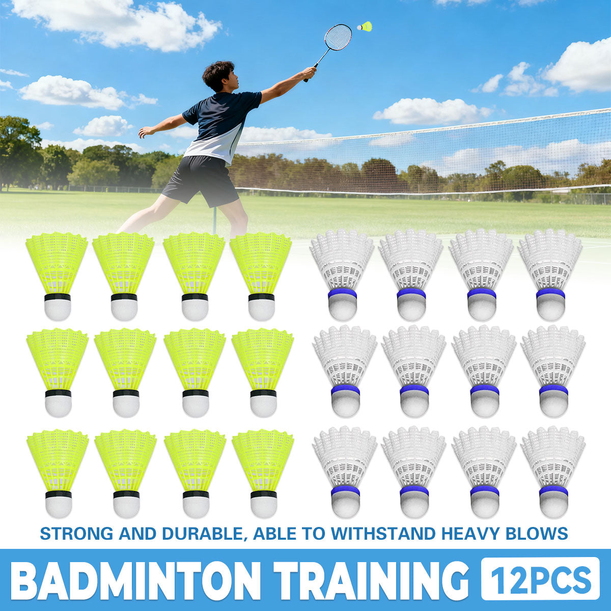 Twelve pack of durable nylon badminton shuttlecocks with soft foam heads for sports training