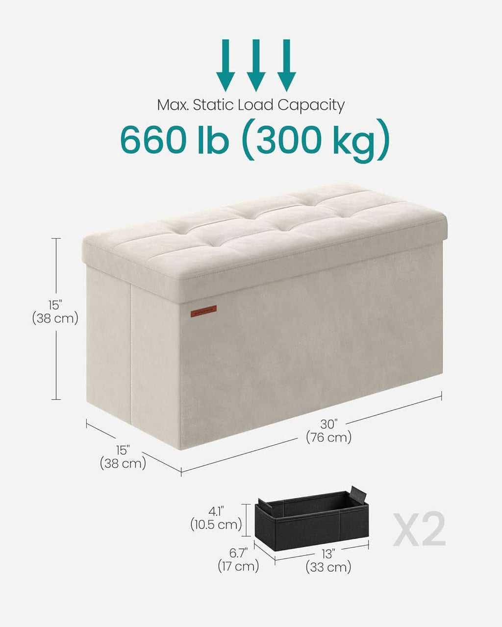 Cream white velvet foldable storage ottoman bench with tufted lid and spacious internal storage compartment — view 2