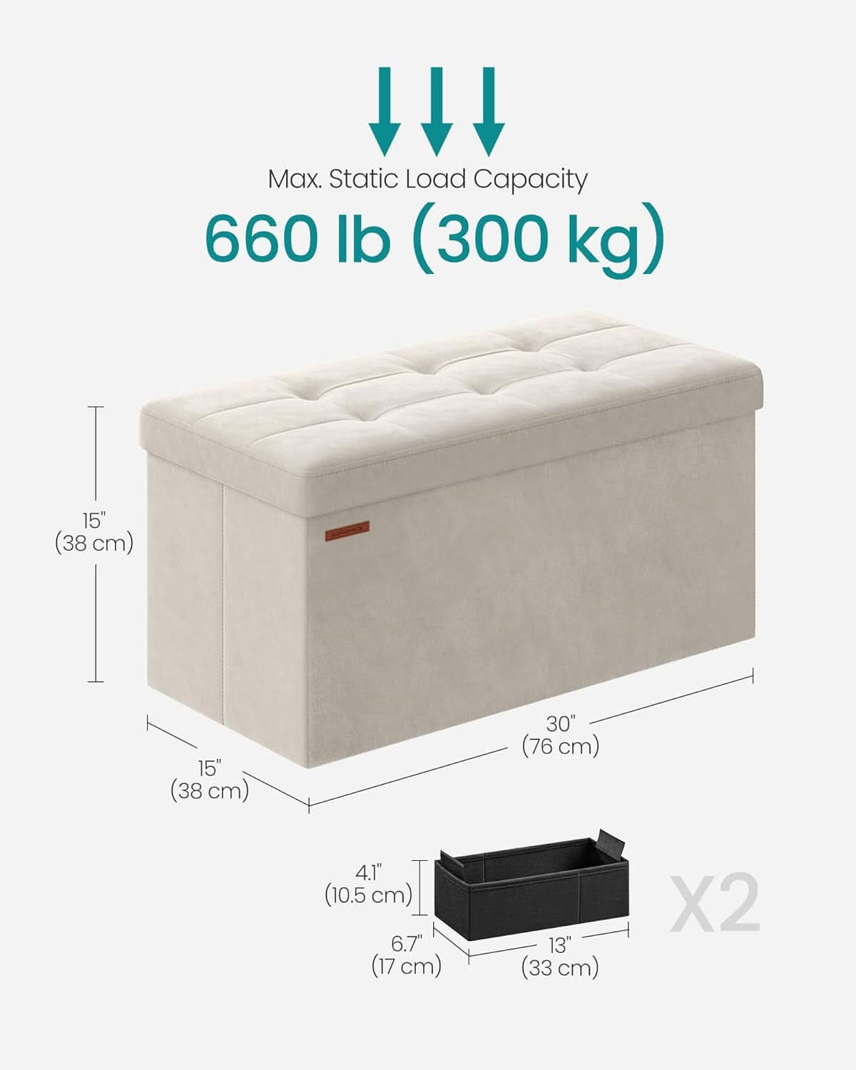 Cream white velvet foldable storage ottoman bench with tufted lid and spacious internal storage compartment — view 2