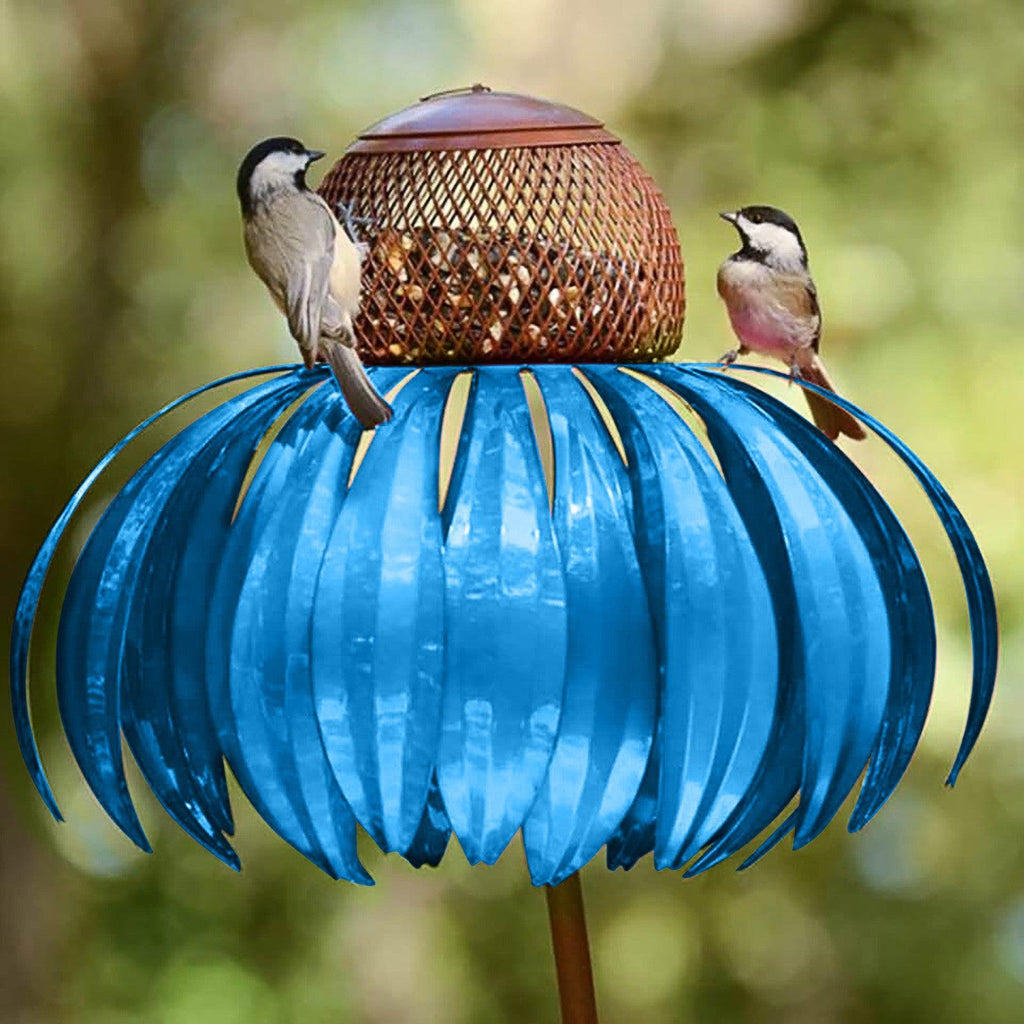 Petal Haven metal wire bird feeder in vibrant red or blue with feeding tray. — view 2