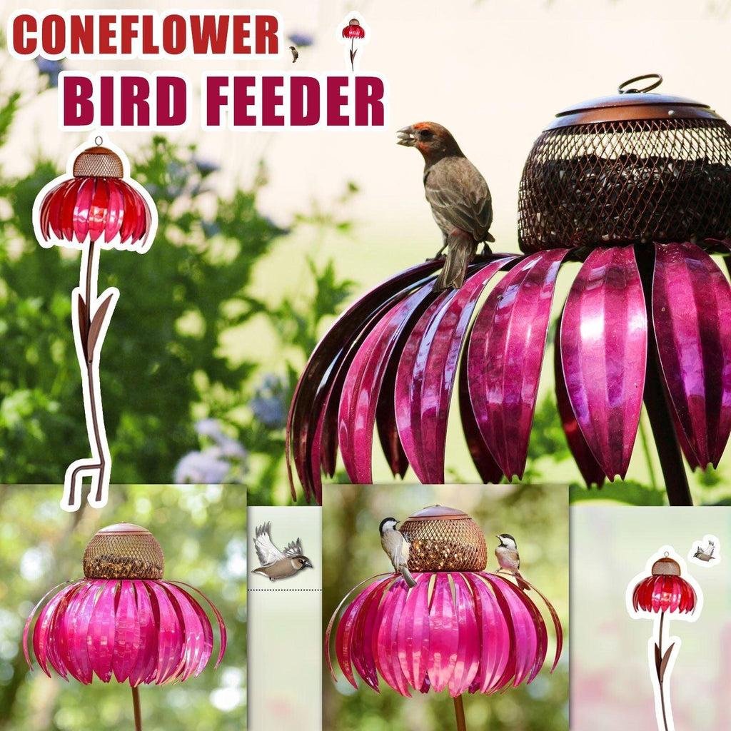 Petal Haven metal wire bird feeder in vibrant red or blue with feeding tray.