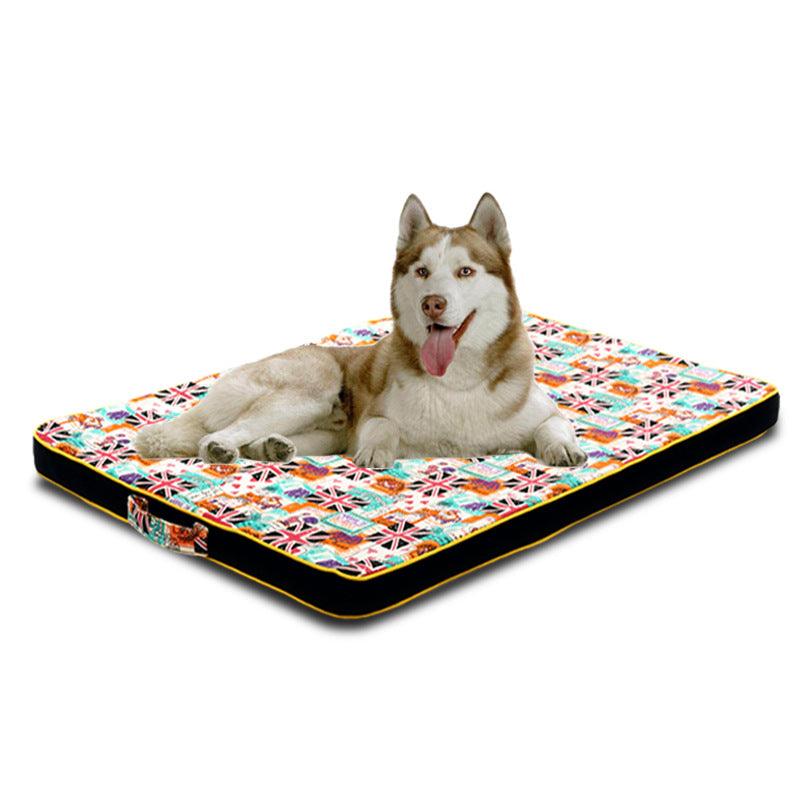 Luxury printed canvas dog bed with a thick orthopedic mattress and elegant stylish fabric pattern