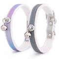 Shimmering silver dog collar with colorful gradient design and safety bell made of PU leather
