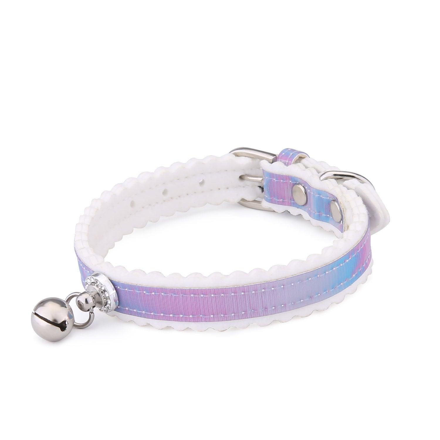 Shimmering silver dog collar with colorful gradient design and safety bell made of PU leather — view 5