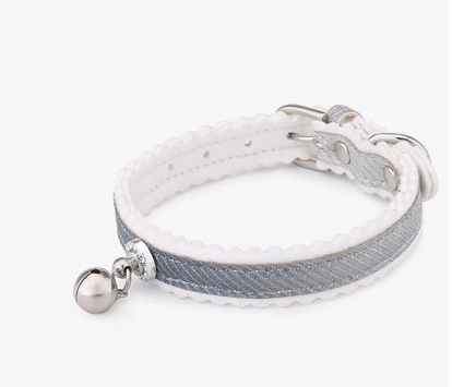 Shimmering silver dog collar with colorful gradient design and safety bell made of PU leather — view 2