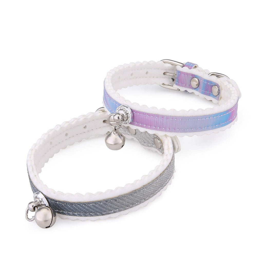 Shimmering silver dog collar with colorful gradient design and safety bell made of PU leather — view 4