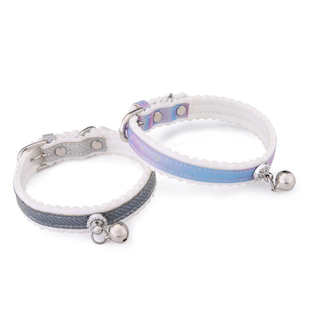 Shimmering silver dog collar with colorful gradient design and safety bell made of PU leather — view 3