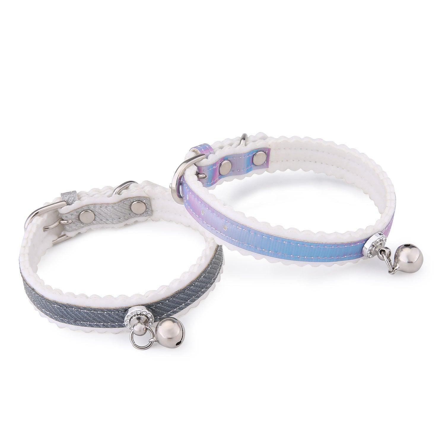 Shimmering silver dog collar with colorful gradient design and safety bell made of PU leather — view 3