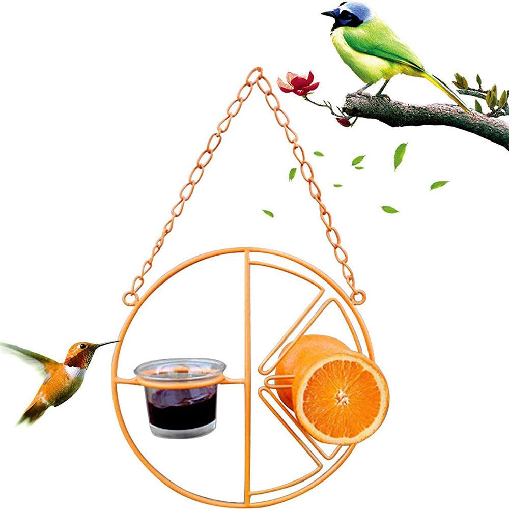 Vibrant orange metal bird and hummingbird feeder water station for outdoor garden and backyard decor