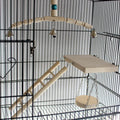 Natural wooden interactive bird toy jungle gym featuring a pedal swing ladder and small dangling bell