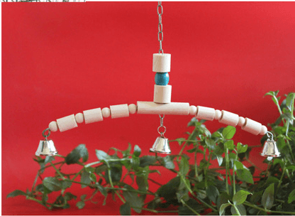 Natural wooden interactive bird toy jungle gym featuring a pedal swing ladder and small dangling bell — view 2