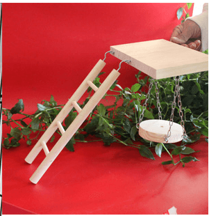 Natural wooden interactive bird toy jungle gym featuring a pedal swing ladder and small dangling bell — view 5